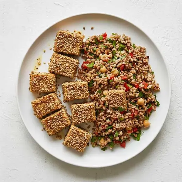 Dukkha Spiced  Tofu with brown rice salad and lemon herb dressing